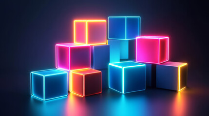 Wall Mural - Vector realistic 3d cubes in motion with neon parts on dark background . Futuristic illustration