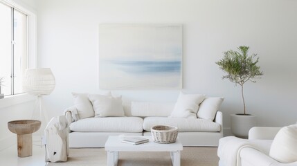 a bright and serene living room design featuring a white canvas backdrop, tastefully positioned mini