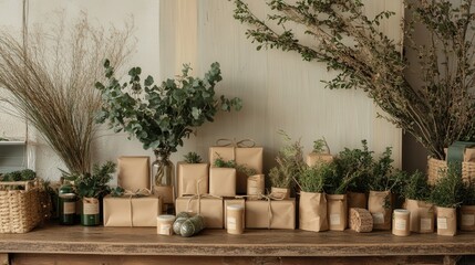 Wall Mural - A wooden table adorned with zero-waste Christmas gifts, wrapped in eco-friendly kraft paper.