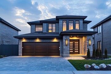 Wall Mural - Modern home with brown garage doors, stone driveway, and gray brick facade.