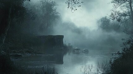 Poster - Misty River Landscape: Stone Wall, Fog, and Trees