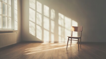 Wall Mural - empty room with a single chair. The soft light entering from a window adds warmth to the simple,