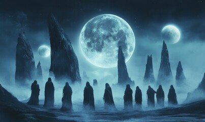 Wall Mural - Robed figures stand in misty, alien landscape under moons.