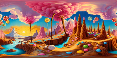Wall Mural - Full 360 degrees seamless spherical panorama HDRI equirectangular projection of A Candyland fantasy world, lollipops. Texture environment map for lighting and reflection source rendering 3d scenes.	
