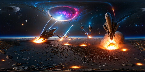 Wall Mural - Full 360 degrees seamless spherical panorama HDRI equirectangular projection of A immersive intergalactic battlefield. Texture environment map for lighting and reflection source rendering 3d scenes.	
