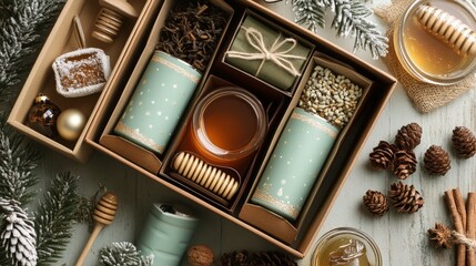 Wall Mural - Design a cozy Christmas gift box for tea lovers, including a variety of holiday teas, a tea infuser, and honey sticks.