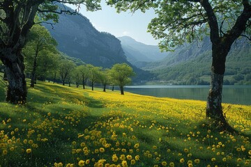 Wall Mural - Tranquil Lake View With Yellow Wildflowers And Mountain Background