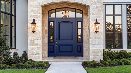 Wall Mural - Classic navy blue door with stone exterior and a manicured lawn enhancing the entrance.