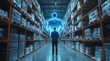 Poster - A person stands in a warehouse, gazing at a holographic figure.
