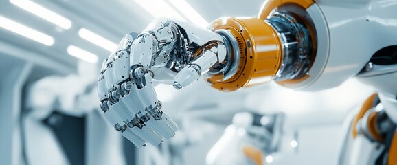 Poster - A robotic hand showcasing advanced technology and design in a futuristic setting.