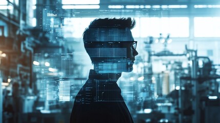 Poster - A silhouette of a person with digital overlays in an industrial setting.