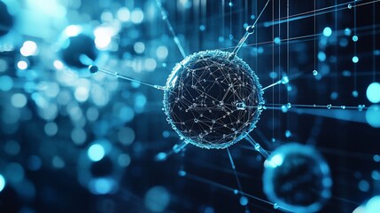Fototapete - Abstract glowing sphere with connected nodes and lines in a dark blue background.