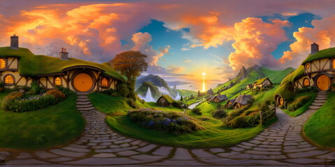 Wall Mural - Full 360 degrees seamless spherical panorama HDRI equirectangular projection of Nostalgic hobbit village round doorways. Texture environment map for lighting and reflection source rendering 3d scenes.