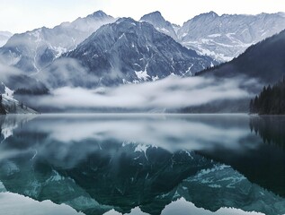 Fototapete - Misty morning on a serene alpine lake, reflecting the majestic peaks.