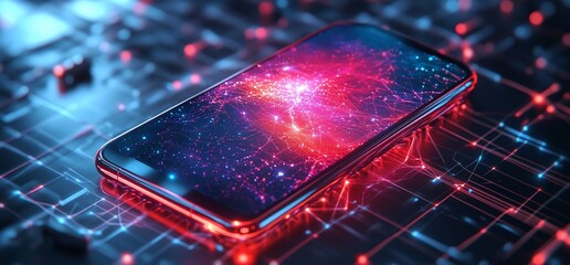 Fototapete - Smartphone displaying abstract network data.