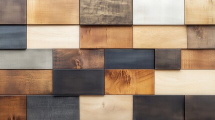 Wall Mural - stunning wall surface made from color-blocked maple wood, where each section of the wood features a unique texture, ranging from light to dark tones.