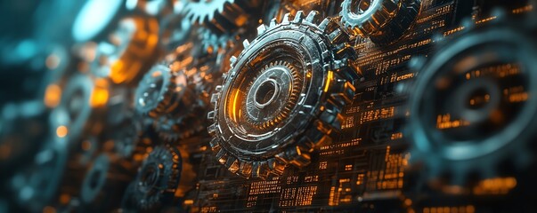 rusty gears and buggy code floating in a digital void, representing the obsolescence and technical i
