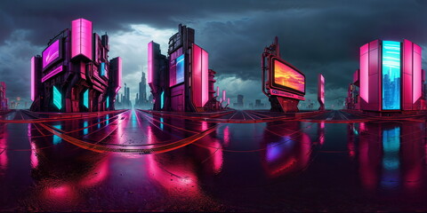 Wall Mural - Full 360 degrees seamless spherical panorama HDRI equirectangular projection of Cyberpunk Night City Tron Future. Texture environment map for lighting and reflection source rendering 3d scenes. 
