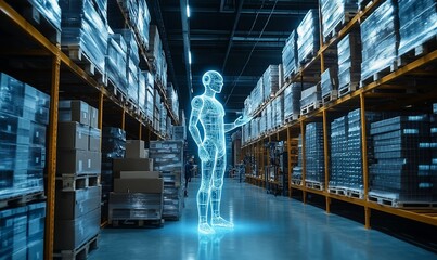 Poster - A holographic figure in a warehouse, symbolizing advanced technology in logistics.