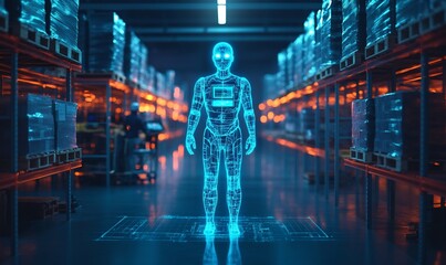 Poster - Holographic robot in a warehouse, symbolizing future technology and automation.