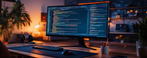 Computer screen filled with code, symbolizing technology and programming, bright neon code lines, modern coding environment, digital innovation concept