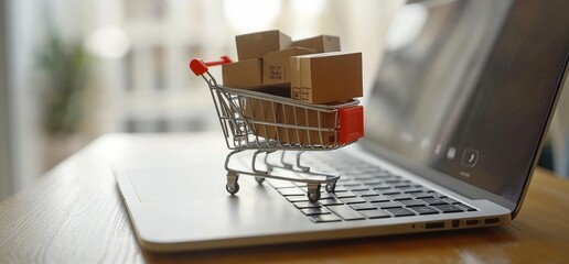Wall Mural - a miniature shopping cart filled with boxes on a laptop, symbolizing online shopping.