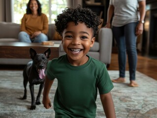 Poster - Happy child playing with a fluffy dog. AI.