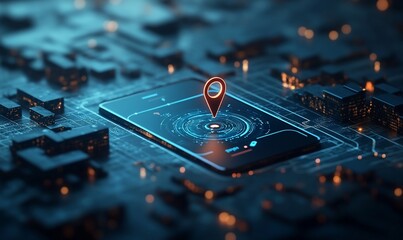 Poster - A smartphone displaying a location marker on a digital cityscape background.