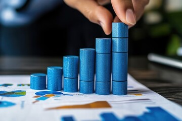 Poster - Hand placing blue wooden block on increasing graph, symbolizing growth and progress.