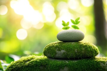 Leinwandbilder - Two tiny plants sprout atop a stack of moss-covered stones in a sunlit forest.