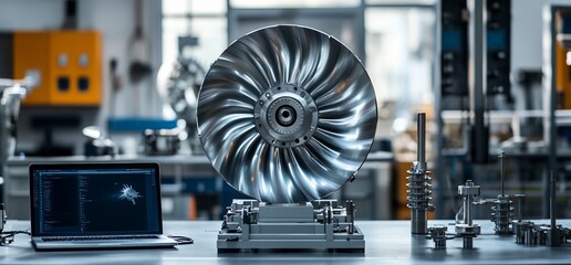 Poster - A turbine engine component displayed in a workshop with a laptop.