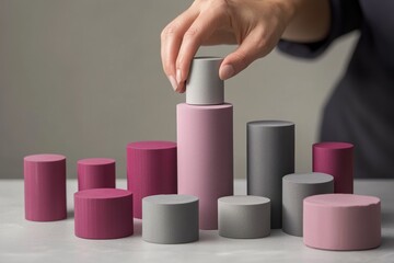 Poster - Hand placing cylinder on top of growing stack of various colored cylinders.