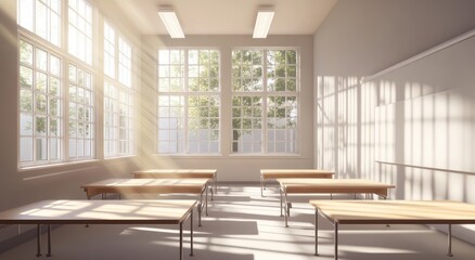 Poster - Sunlit classroom with empty wooden desks and large windows.