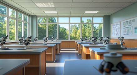 Poster - Bright science lab classroom with microscopes and large windows overlooking trees.