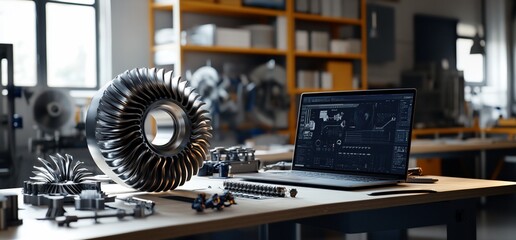 Poster - A workspace featuring engineering components and a laptop with designs.