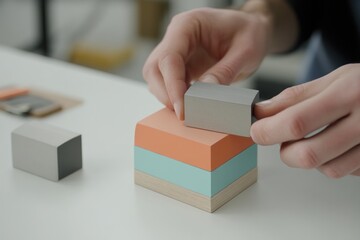 Poster - Hands building a stack of colorful blocks on a white table.