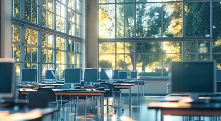 Aufkleber - Sunlit computer lab with many desktops and large windows showing trees.