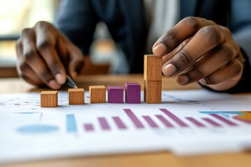 Poster - Close-up of hands arranging wooden blocks forming a graph on a financial report.