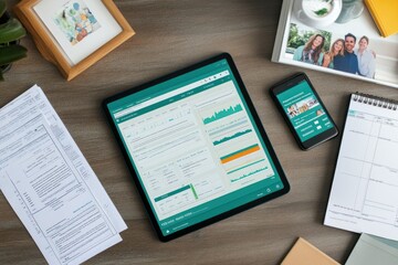 Aufkleber - Flat lay of tablet, phone, documents, and family photos on a desk, showcasing digital finance management.