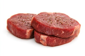 Poster - Three raw beef steaks seasoned with salt and pepper, isolated on white background.