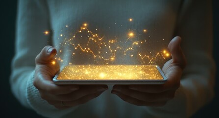 Poster - Woman holding tablet displaying glowing data graphs.