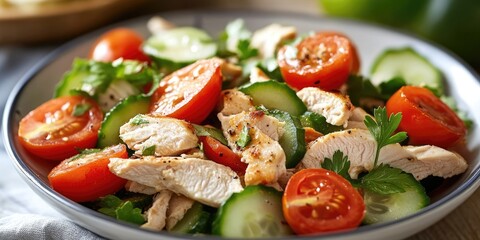 Sticker - Delicious chicken salad featuring fresh tomatoes and crunchy cucumber, creating a vibrant and nutritious dish. Enjoy the delightful combination of chicken salad with tomatoes and cucumber for a