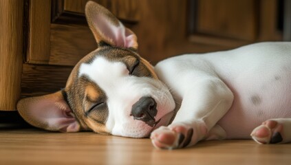 Wall Mural - Adorable puppy sleeping peacefully on hardwood floor.