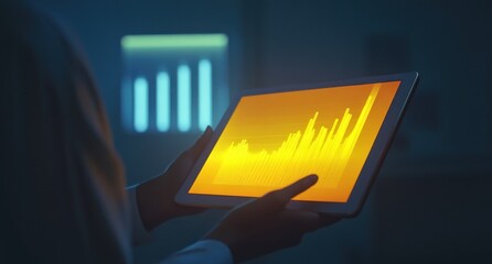 Poster - Person reviewing financial data on tablet at night.