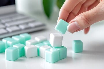 Poster - Hand placing pastel cube on a stack of white and mint green cubes on a desk.