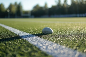 Wall Mural - Close-up of a small, light-colored stone resting on a green artificial turf field, near a white line.