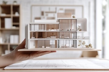 Poster - Hand holding architectural model of modern house. (1)