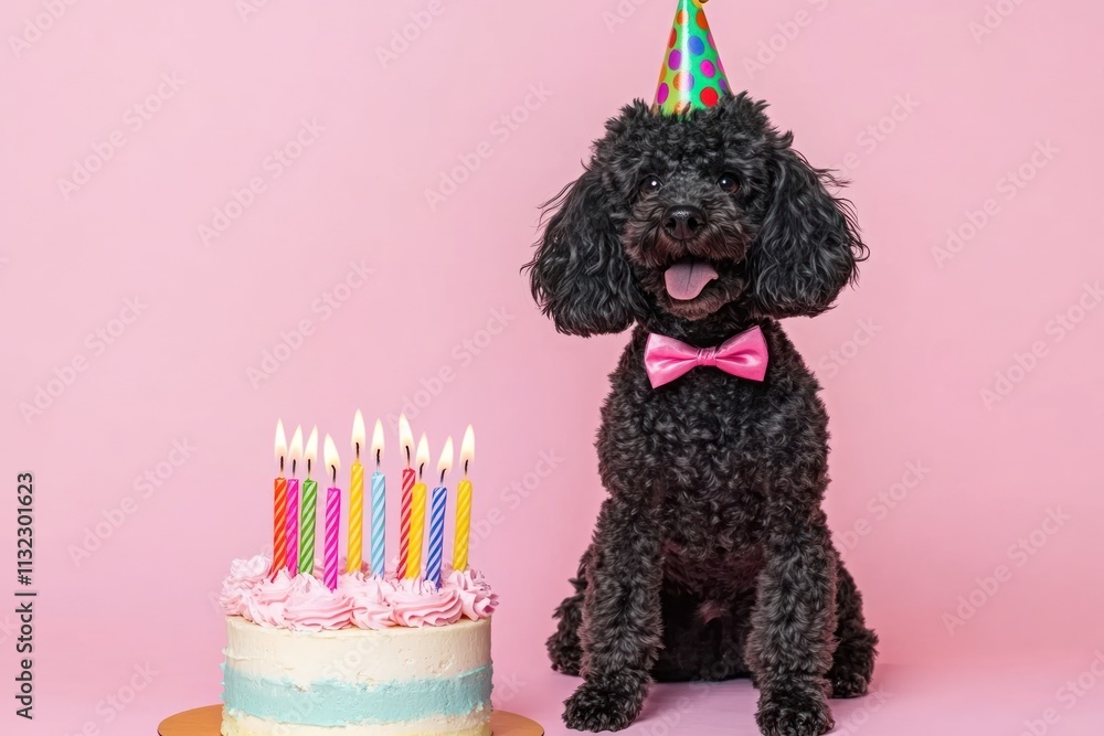 Cute black poodle dog wearing a party hat and bow tie next to a ...