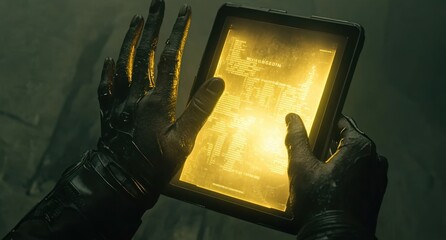Poster - Glowing tablet held in gloved hands, showcasing a digital map or interface.