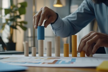 Poster - Close-up of hands arranging colorful wooden blocks on a financial report, symbolizing planning and strategy.